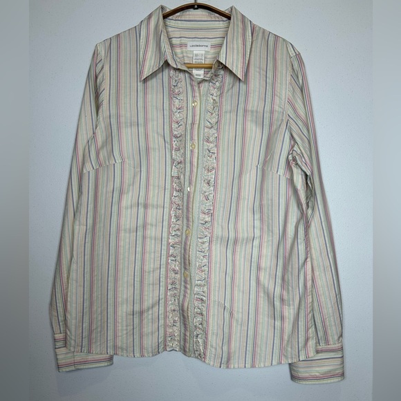 Romantic Preppy Pastel Striped Button-Up Shirt with Ruffle Detail. Size L. - Picture 1 of 10